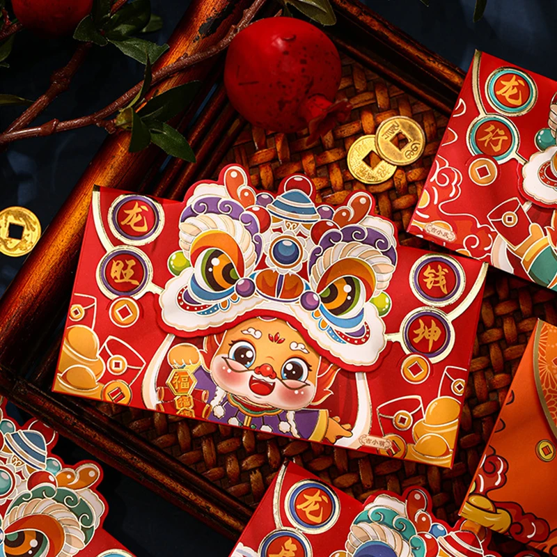 4PCS 2024 Chinese New Year Red Envelopes Cartoon Dragon Year Hongbao Spring Festival Money Pockets Wedding Lucky Packets