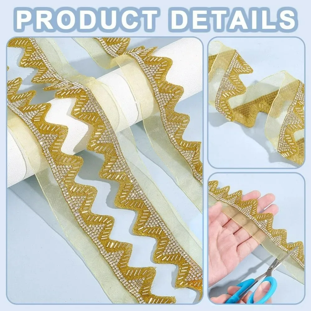 5 ياردة زخرفة الدانتيل المعدني 1-5/8 بوصة موجة حجر الراين حبة الشريط لفساتين الزفاف المزيد