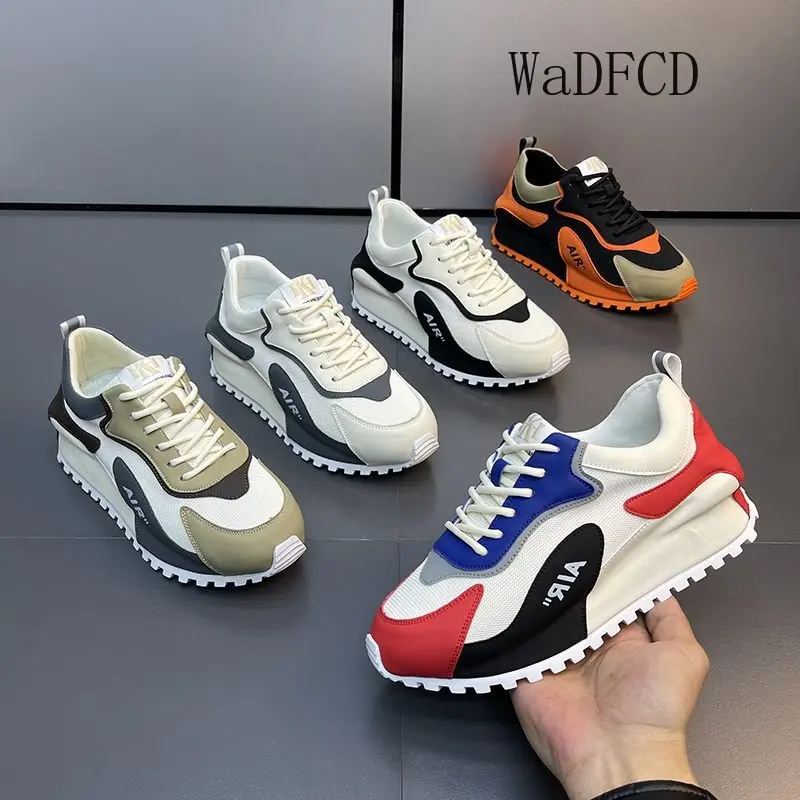 Chunky Sneakers Men Cover Bottom Board Shoes Fashion Casual Microfiber Leather Mesh Breathable Increased Internal Platform Shoes