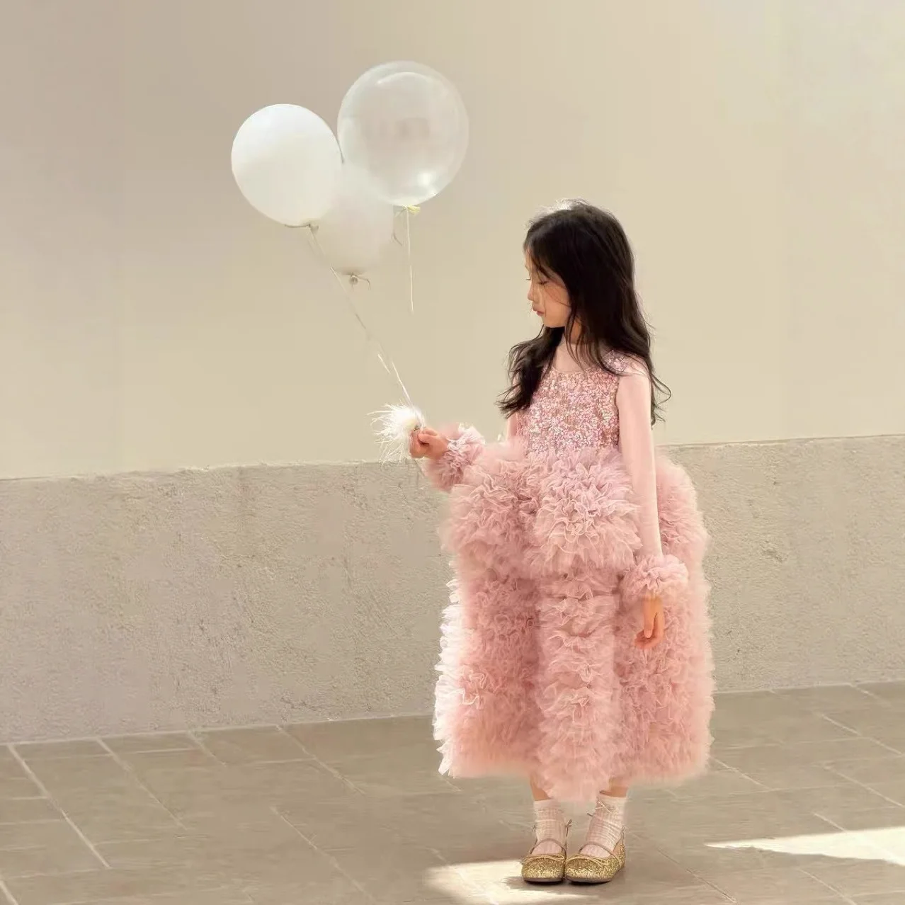 2025 Spring Autumn New Girls Mesh Vest Princess Dress Children Puff Cake Dress Sweet Birthday Dress