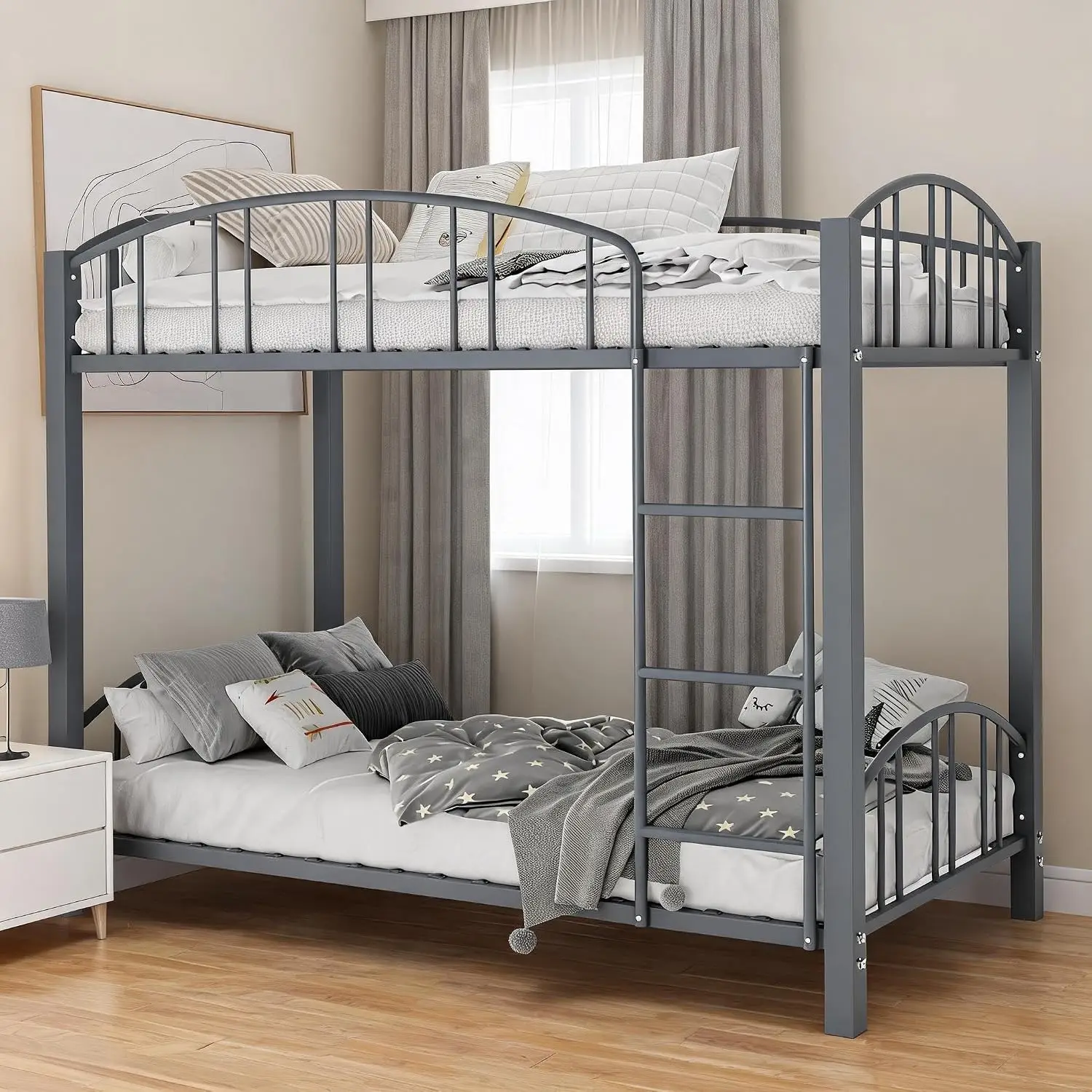 Heavy-Duty Twin Over Twin Metal Bunk Bed Frame | Steel Slat Support, Arched Guardrails, Safety Ladder, Space-Saving, No Box Spring Needed
