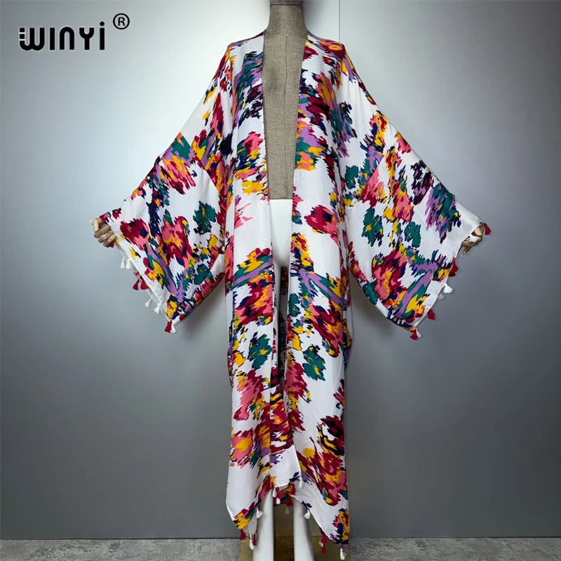 

WINYI Bohemian Kimono Africa Women's Long Coat with Loose Tassels Beach Holiday Swimming Cover up Luxury Dubai Abaya for Party D