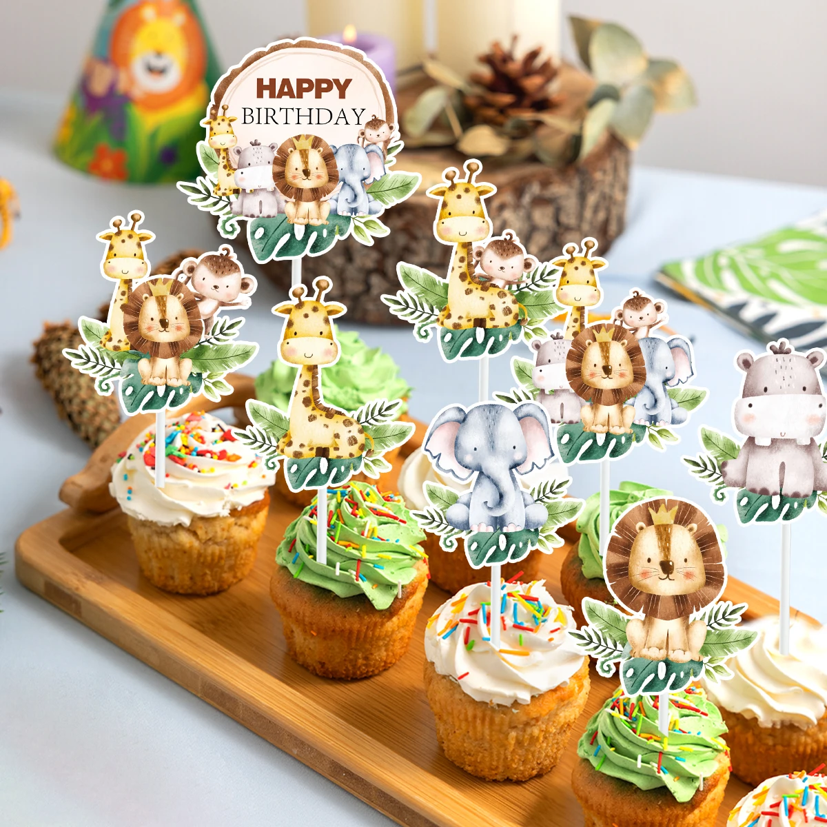 Jungle Safari Animal Theme Cupcake Toppers Forest Party Dessert Muffin Food Cake Picks Baby Shower 1st Birthday Party Decoration