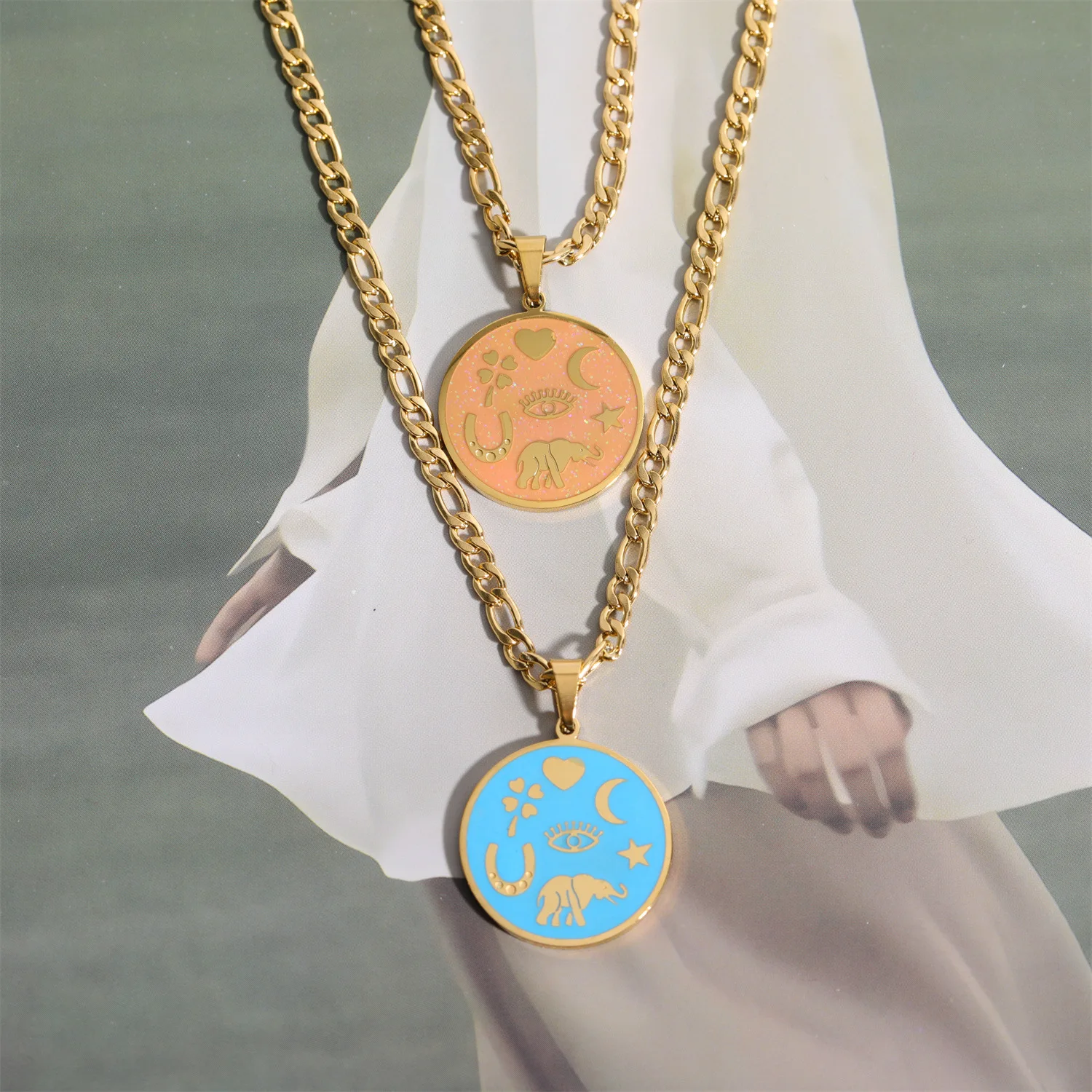 Lucky Symbol Element Round Coin Necklace For Teens Female Color Drip Figaro Chain Clavicle Pendant Women's Accessories