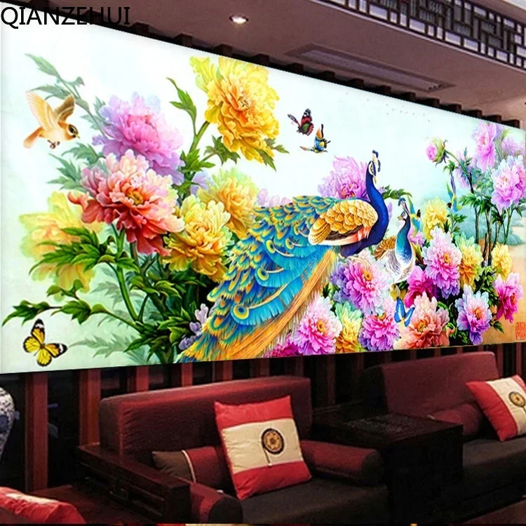 

DIY full Diamond Embroidery,Round Diamond Flowers Bloom Wealth Peacock Living room decoration rhinestone beads Diamond painting