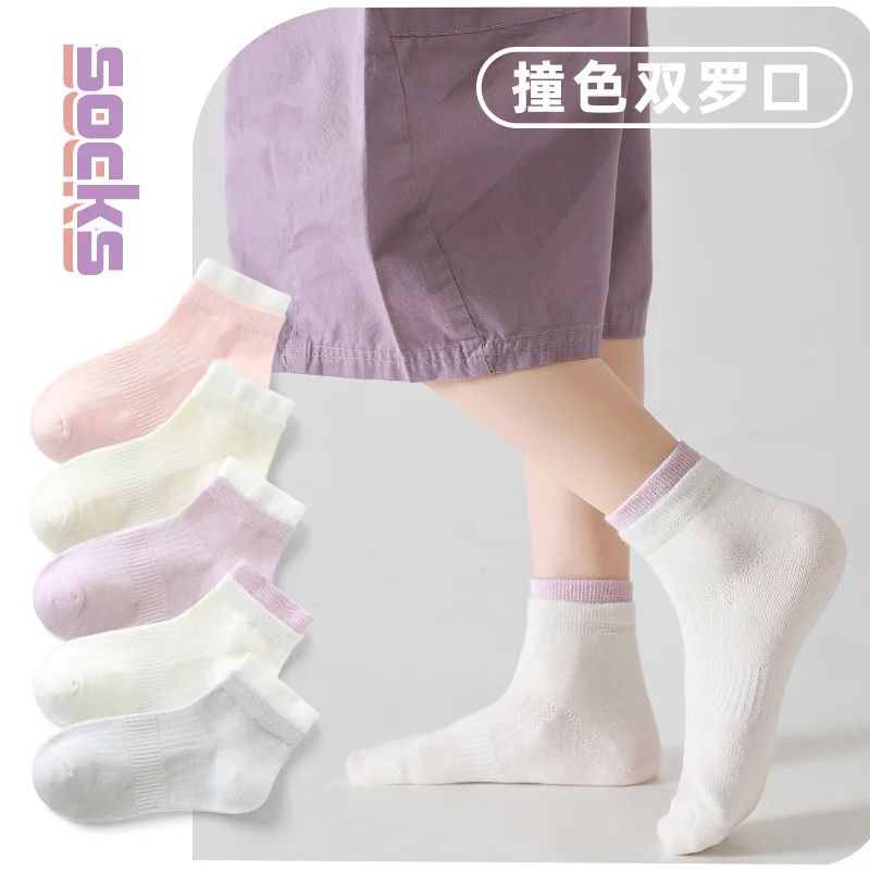 ถุงเท้านักเรียน5/10คู่2024 KAOS Kaki anak perempuan เด็กผู้หญิง, ถุงเท้าตาข่ายระบายอากาศได้ดีเข้าได้ทุกชุดถุงเท้าสีพื้นสไตล์ครีมสำหรับฤดูร้อน