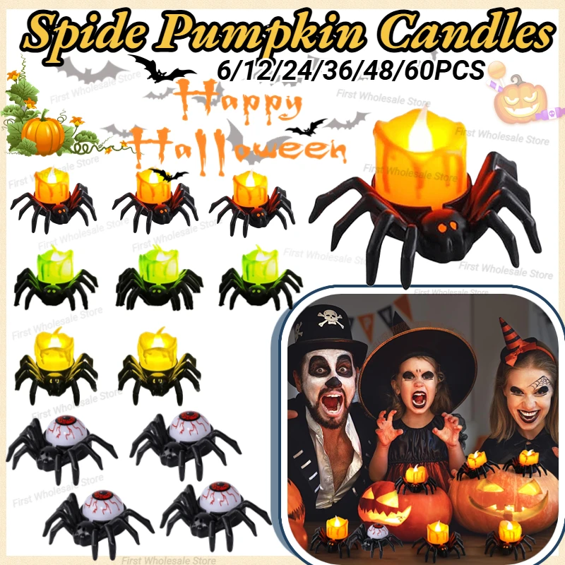 6-60PCS Halloween Spide Pumpkin Candles Flameless LED Tealight Candles Holder Battery Operated Halloween Decorations Party Gifts