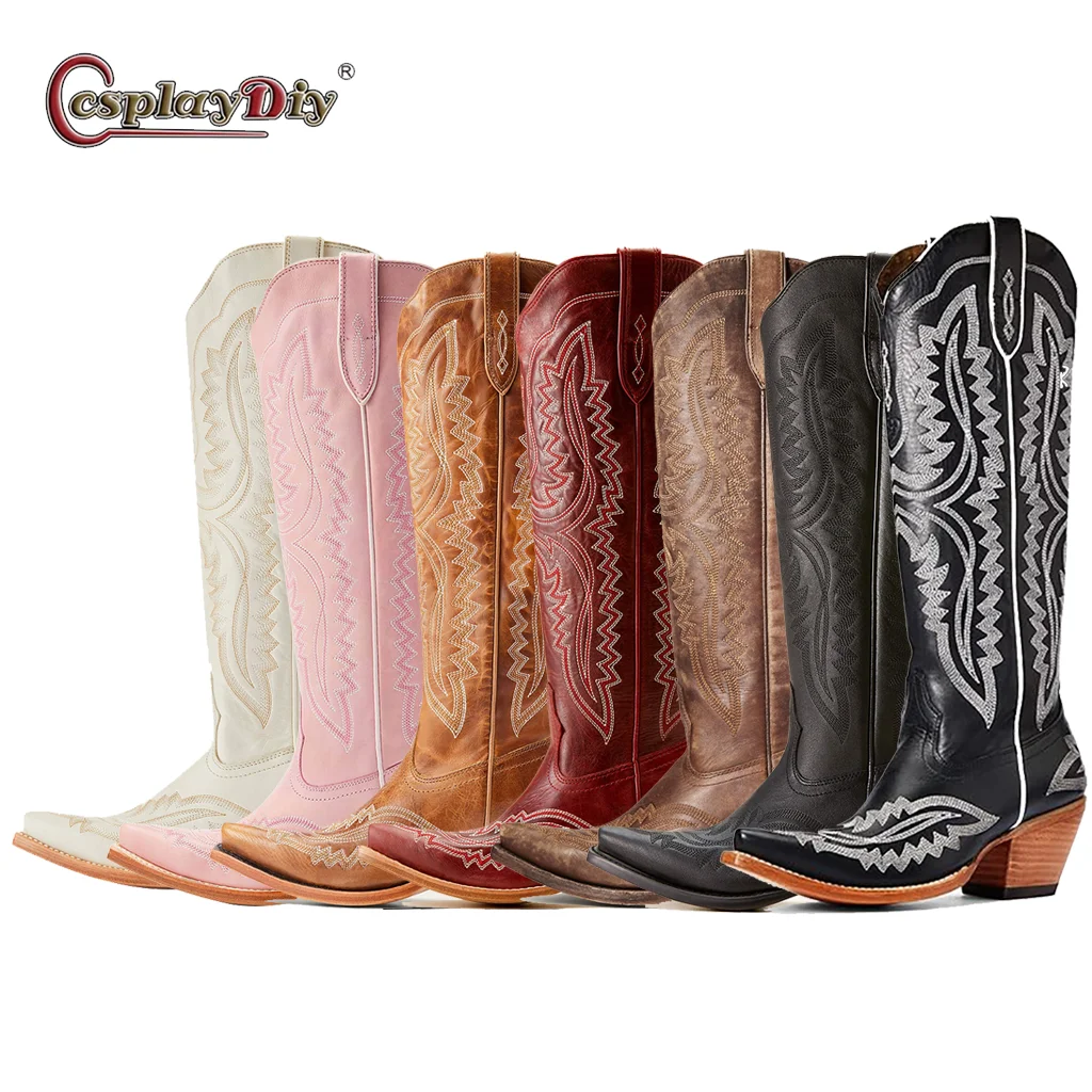 Cosplaydiy, botas de vaquero hechas a mano de invierno para hombre, botas occidentales para mujer y hombre, botas de moto con punta estrecha, zapatos de diseño Retro