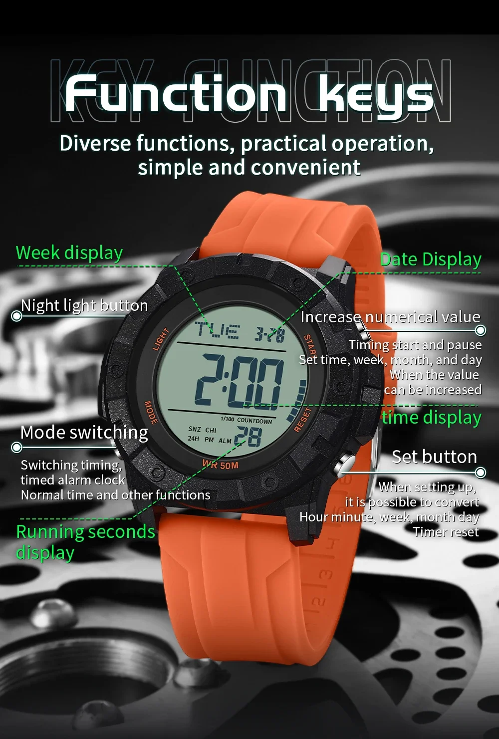 SANDA 2176 패션 남자 전자 시계 스포츠 단일 디스플레이 다기능 LED 달력 방수 학생 전자 시계