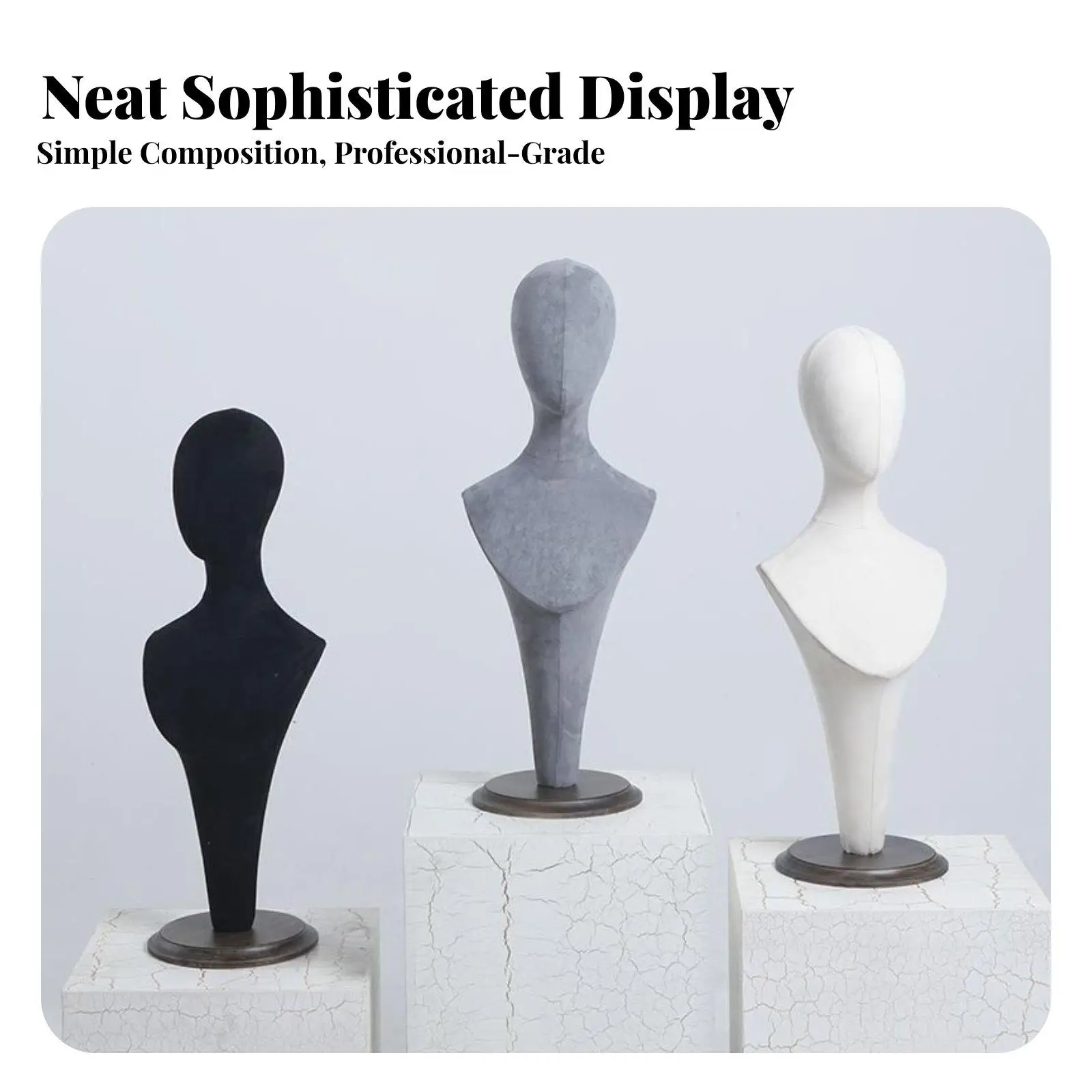 Luxury Suede Necklace Bust Display Stand for Jewelry Store Showcase Scarf Hat Holder with Stable Wooden Base