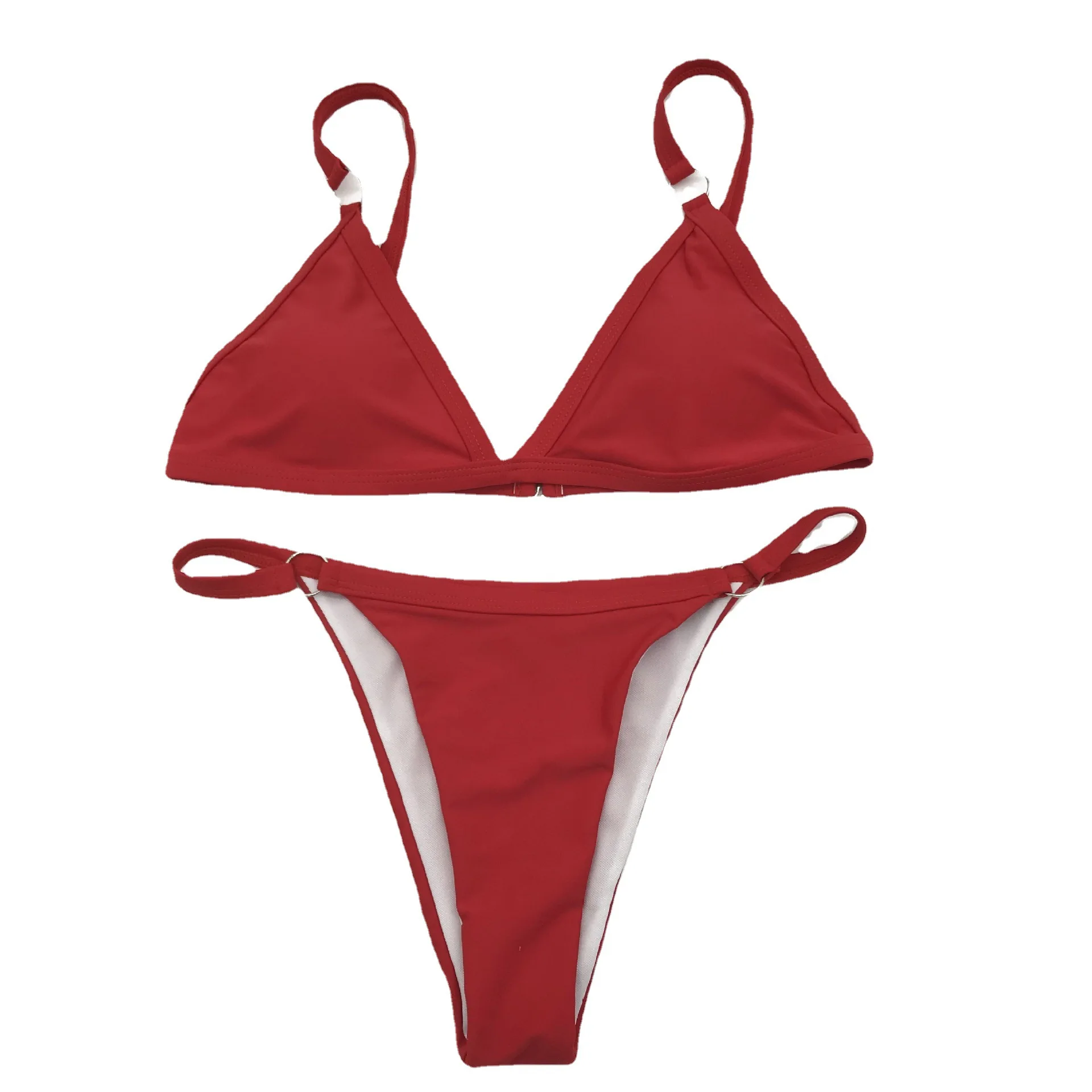 European American solid color triangle bikini split swimsuit metal women's swimsuit single-layer bikini set beachwear swimwear