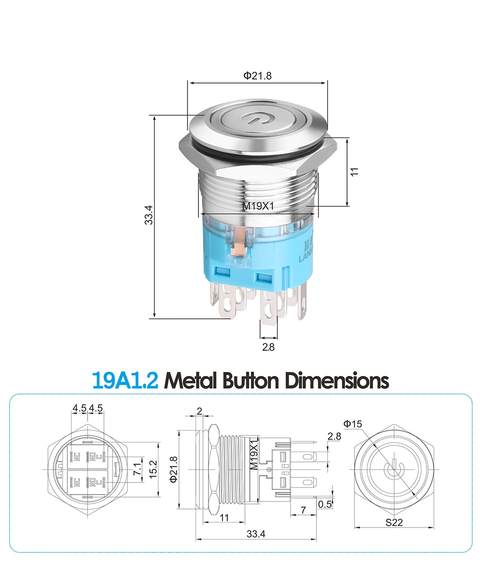 LANBOO 19mm Wirtschaftlicher Metall-Druckknopfschalter Ringlicht 12V24V Selbstverriegelnd Rückstellbar – Detail 7