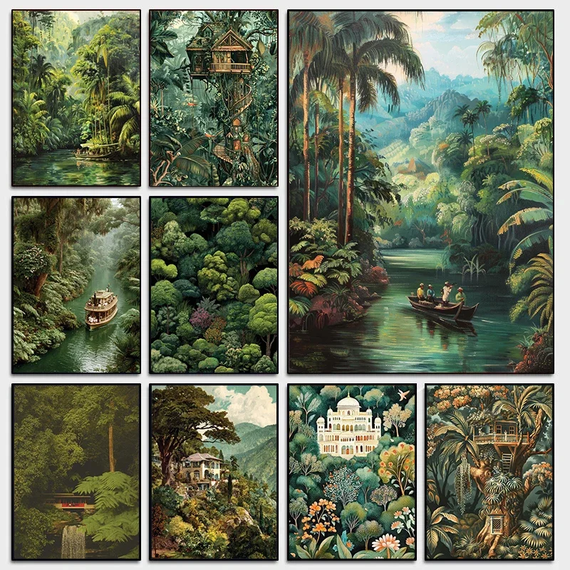 Vintage Botanical Jungle River Tropical Rainforest Exotic Nature Landscape Poster Canvas Painting Wall Art Pictures Home Deco