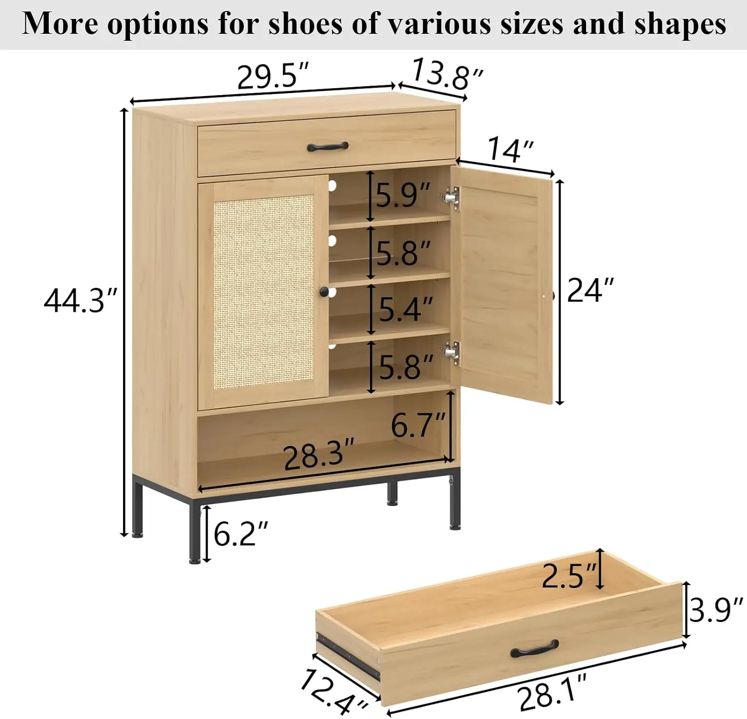 Loomie Rattan Shoe Cabinet, 5-Tiers Shoe Storage Cabinet With Doors, Storage Cabinet With Drawer & Bottom Cubby, 44.3