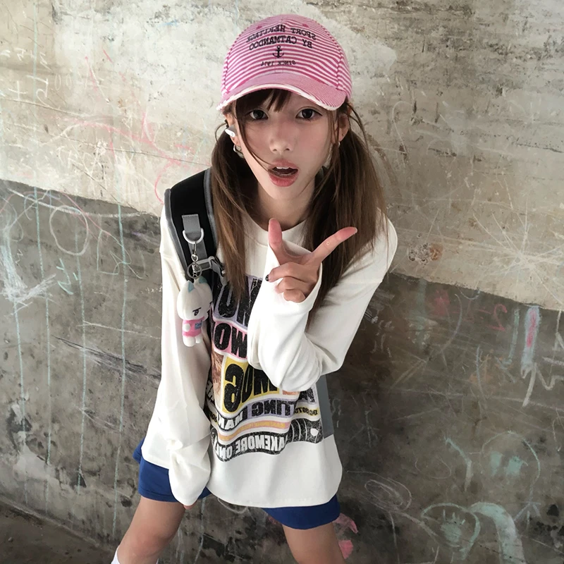 Karrram Japanese Y2k Letter Print T-shirt 2000s Aesthetics Graphic Long Sleeve Tshirt Vintage Harajuku Streetwear American Retro