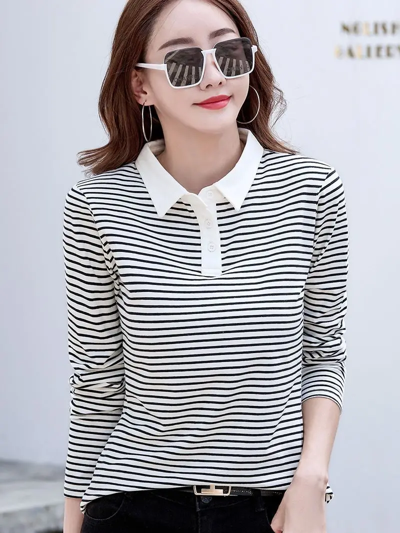 New Polo Shirt Women Long Sleeve Striped Cotton T Shirt Spring Autumn Fashion Contrast Female Tops Golf Sportswear