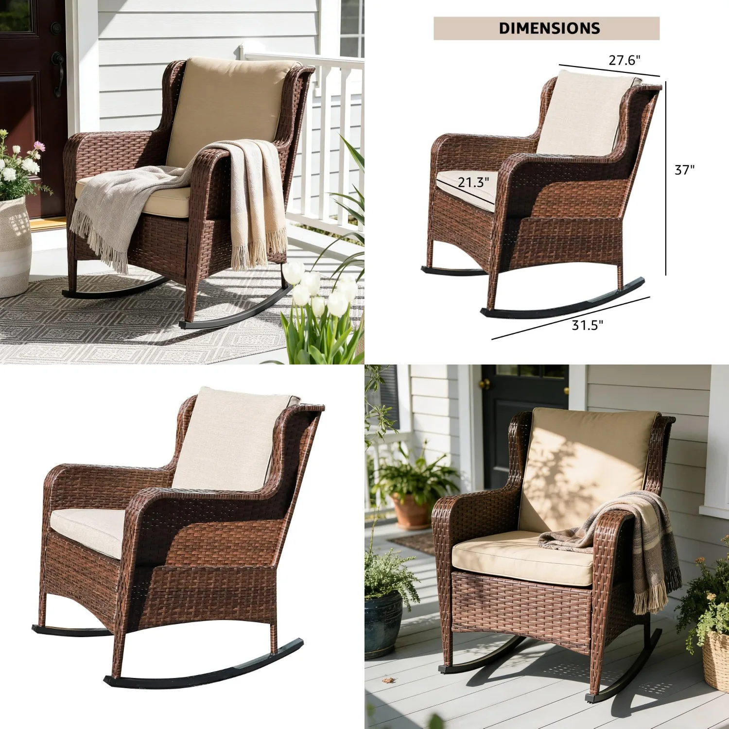 

Уличное кресло-качалка из искусственного ротанга с подушками из олефина, мебель для патио и сада, коричневое плетеное кресло-качалка, с возможностью индивидуального заказа