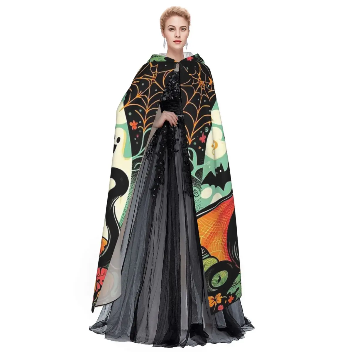 Halloween Black Cats And Pumpkin Long Hooded Cloak Witch Medieval Costume Cosplay Cape