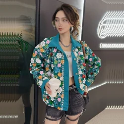 Spring Vintage Peacock-blue Short Denim Jacket Women Streetwear Lace Beaded Sequined Flowers Loose Casual Female Jeans Jacket