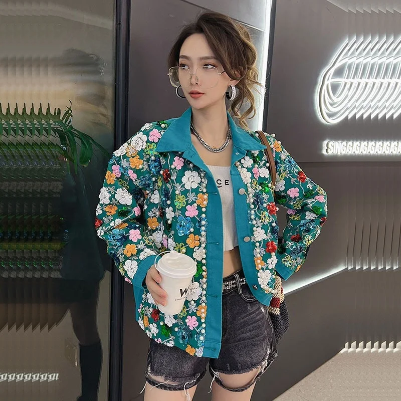 Spring Vintage Peacock-blue Short Denim Jacket Women Streetwear Lace Beaded Sequined Flowers Loose Casual Female Jeans Jacket