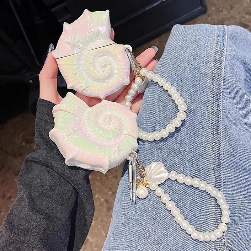 Cute Laser Colorful Conch Shell For apple AirPods 1/2/3 Cover With Pearl Chain Earphone Case for Airpods Pro 2 Headset Box