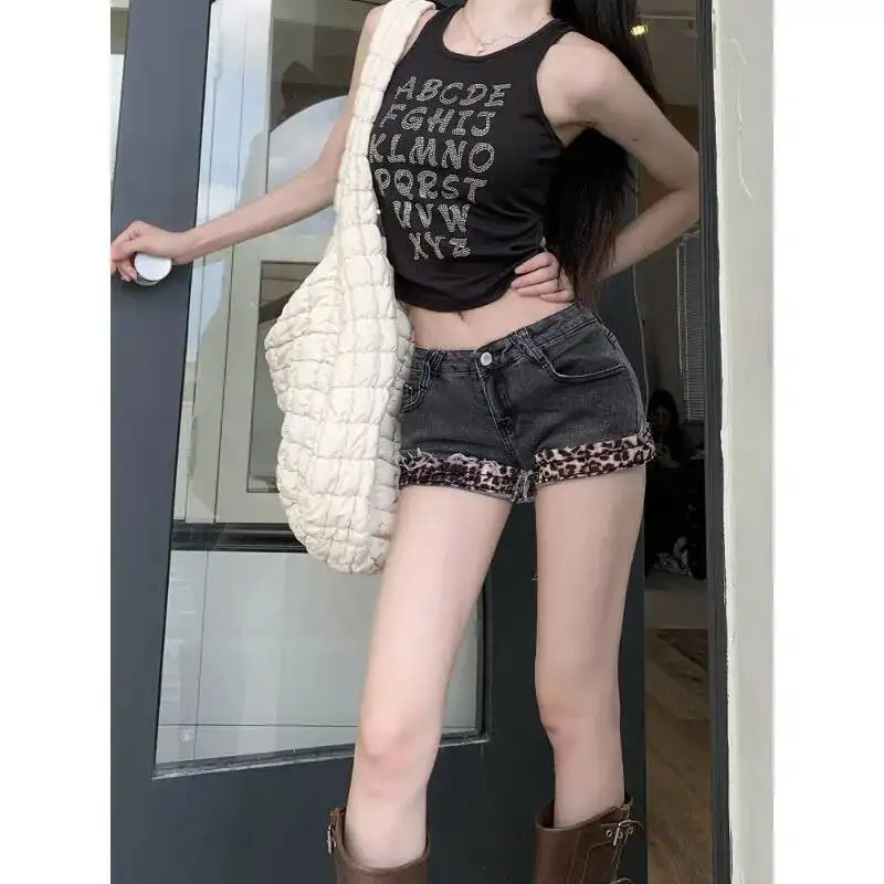 

Trendy Personalized Streetwear American Short Women Denim Vintage Y2K Spice Girls Shorts Leopard Slim Bodycon Pantalones