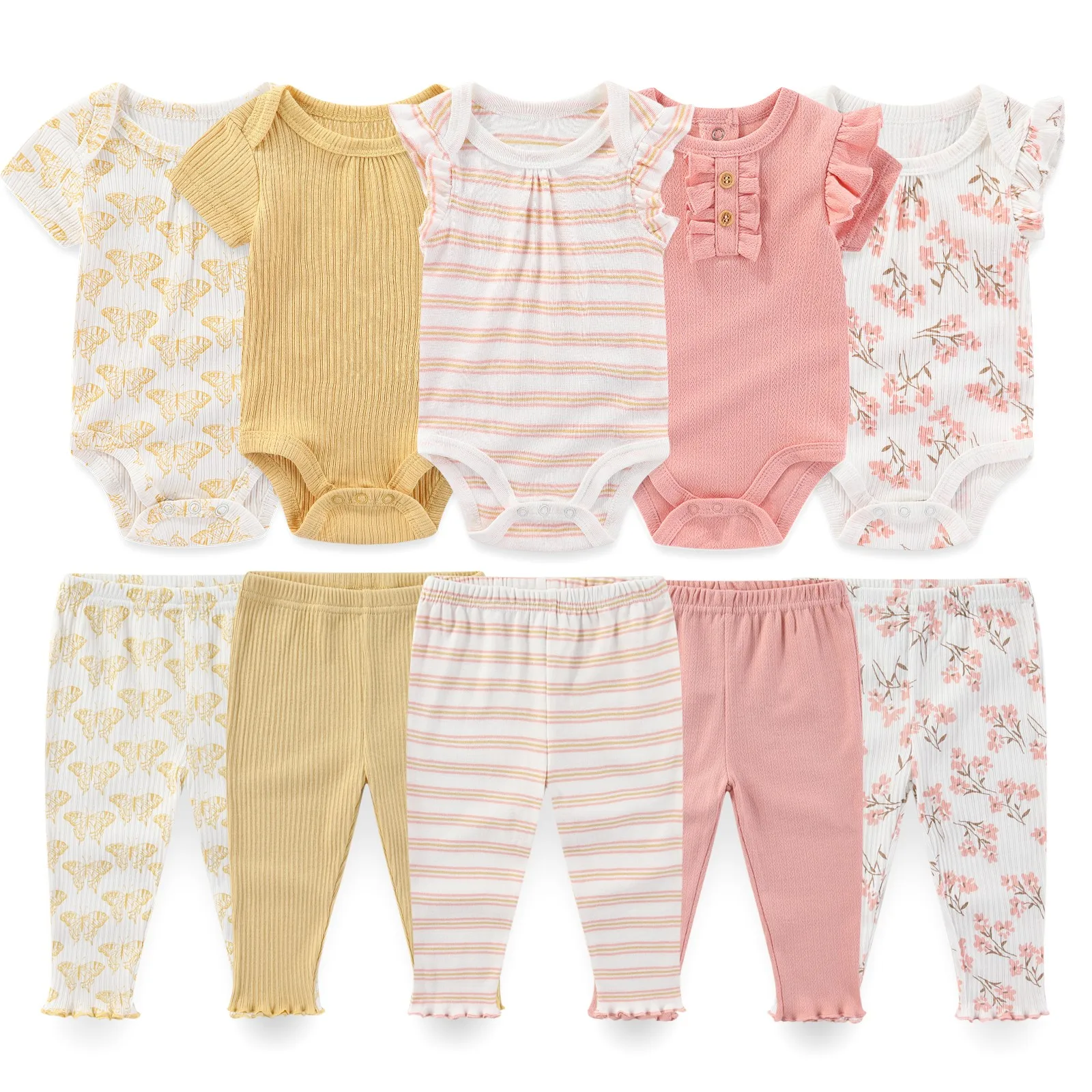 Kiddiezoom 10 Pcs/Lot Four Seasons Fashion Unisex Baby Boy Girl Clothing Set Soft Newborn Bodysuits+Pants Infant Outfit Gift