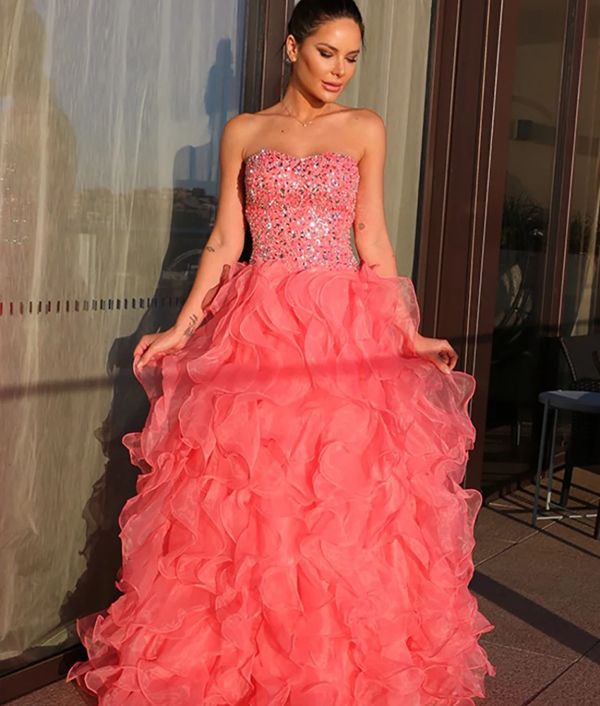 

Роскошное вечернее платье с кристаллами и оборками по индивидуальному заказу, высокое качество, милое платье без рукавов длиной до пола, платья на заказ