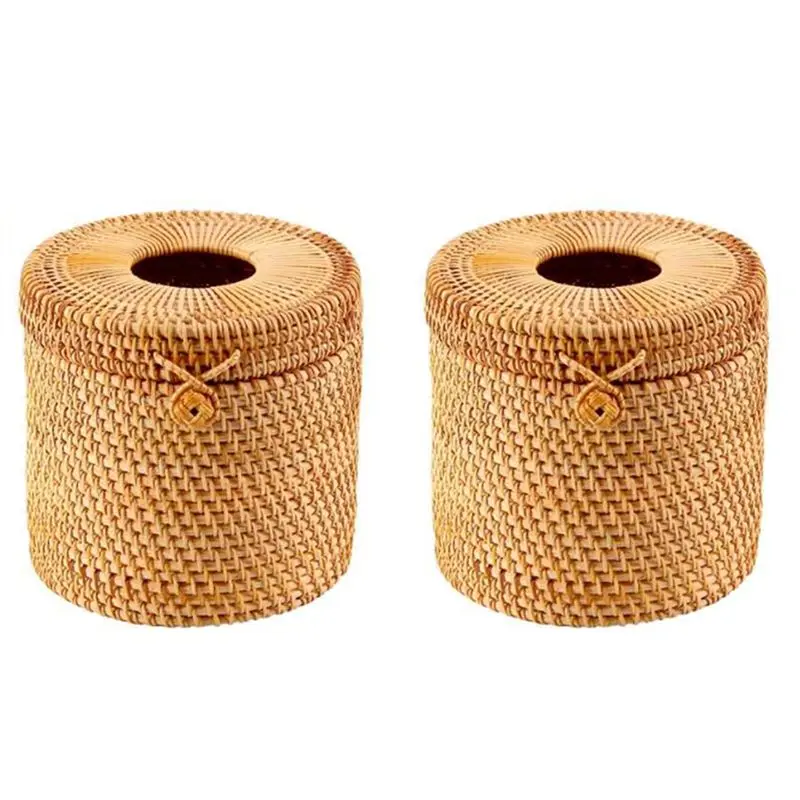 

Hot Trend-2Pcs Rattan Tissue Box Toilet Paper Cover Wicker Decorative Holders With Lid For Storage Single Roll And Tissues