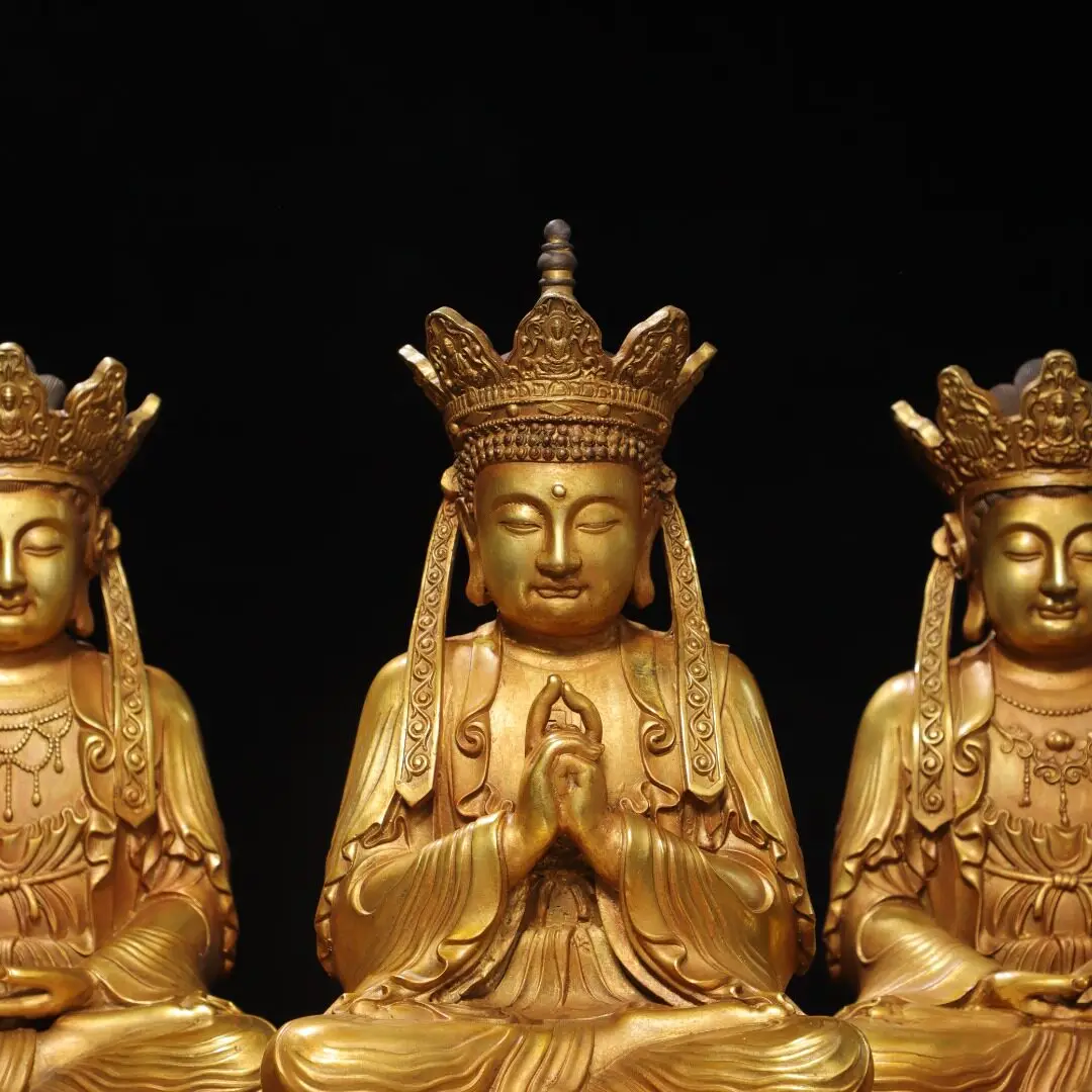 Handmade Brass Gold Plated Avatamsaka Three Saints Set Vairocana Manjusri Samantabhadra Statues Home Altar Vintage Decor Gift