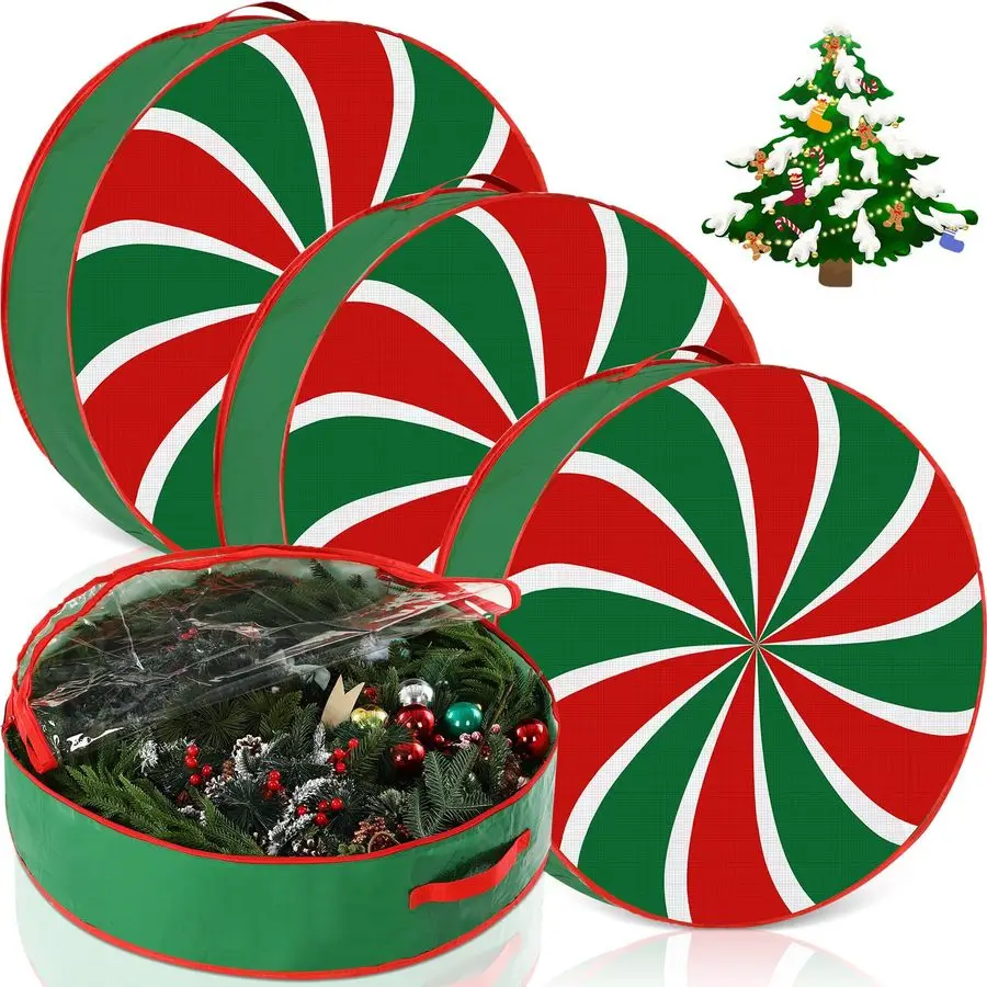 

4 Pack 36 Inch Wreath Storage Containers, Hard Shell Christmas Garland Storage Bags with Handle Dual Zipper, Large Red Green Rou