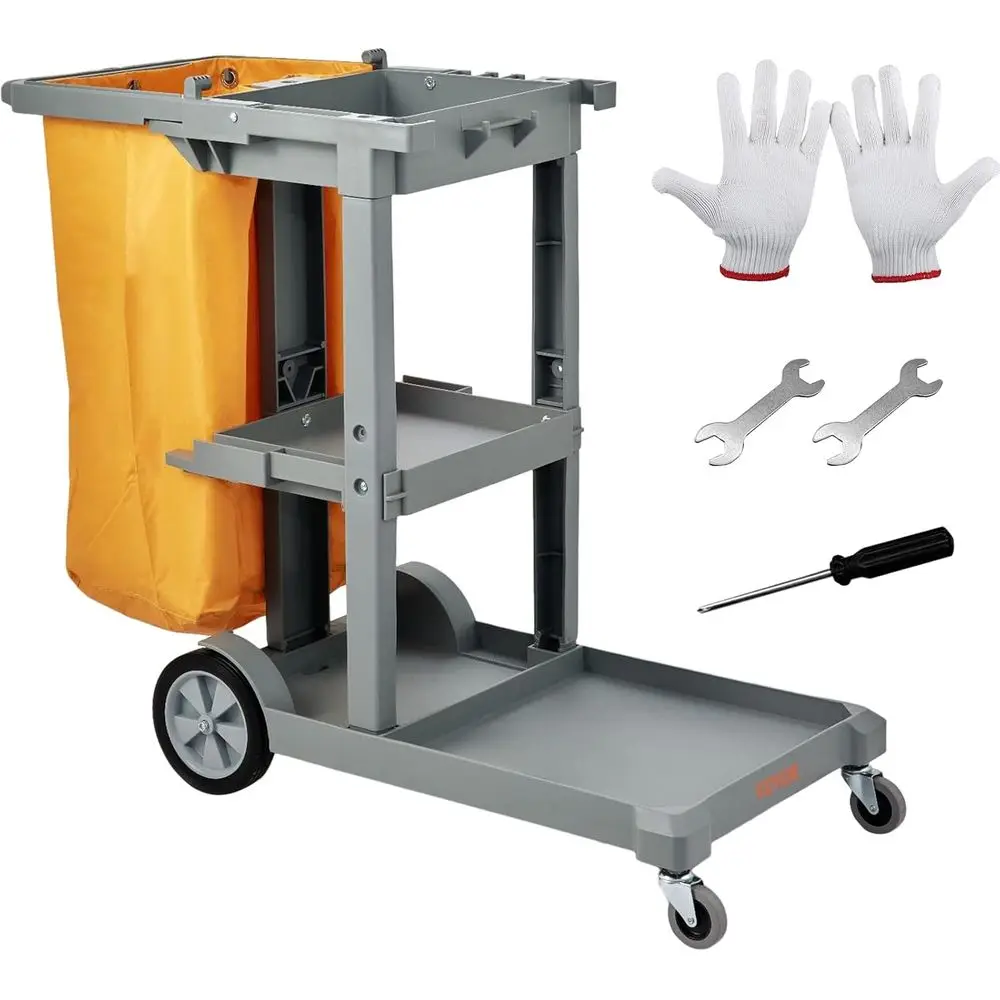 

Тележка уборочная коммерческая на 3 полки, грузоподъемность 90 кг, пластиковая, с ПВХ-мешком 95 л, 120 x 50 x 98 см, желтая+серая