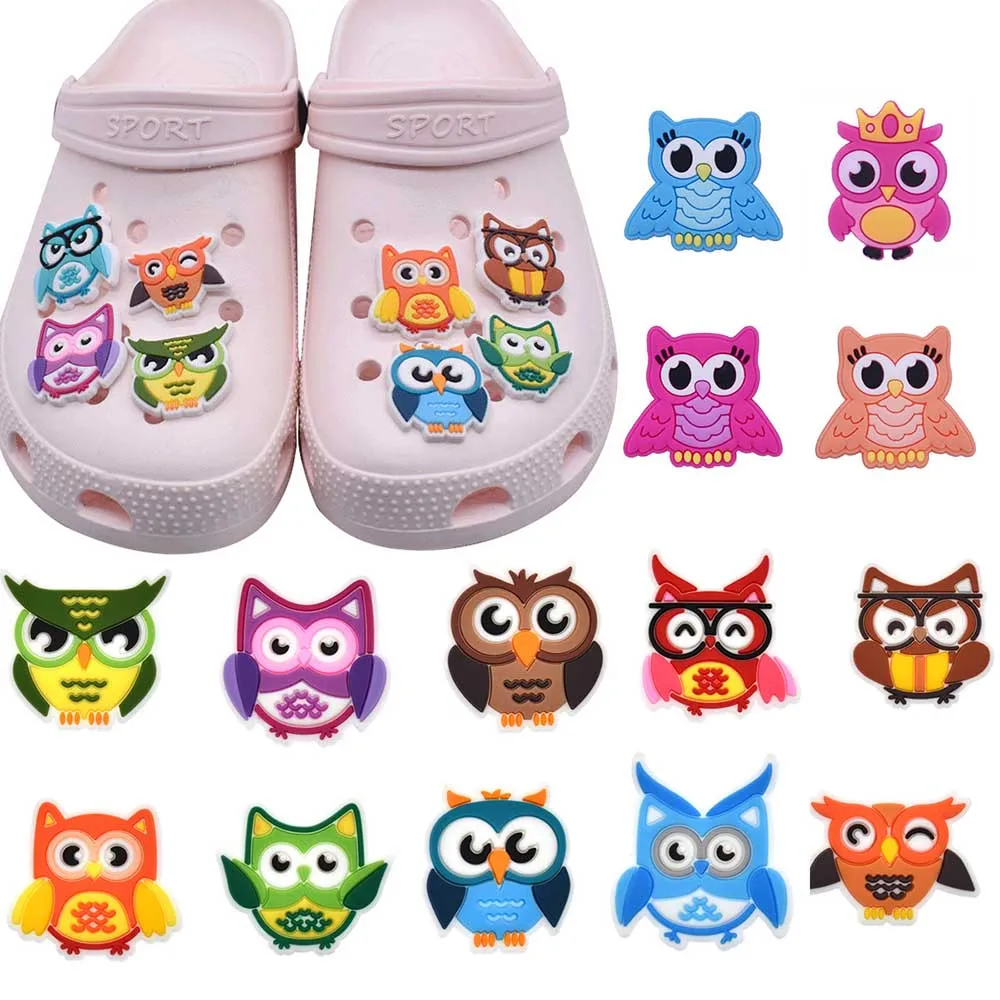 

1-16pcs New Cute Owl Cartoon Shoes Charms Accessories Fit Clog Backapck Wristbands Shoe Decorate Shoe Buckle Party Gift