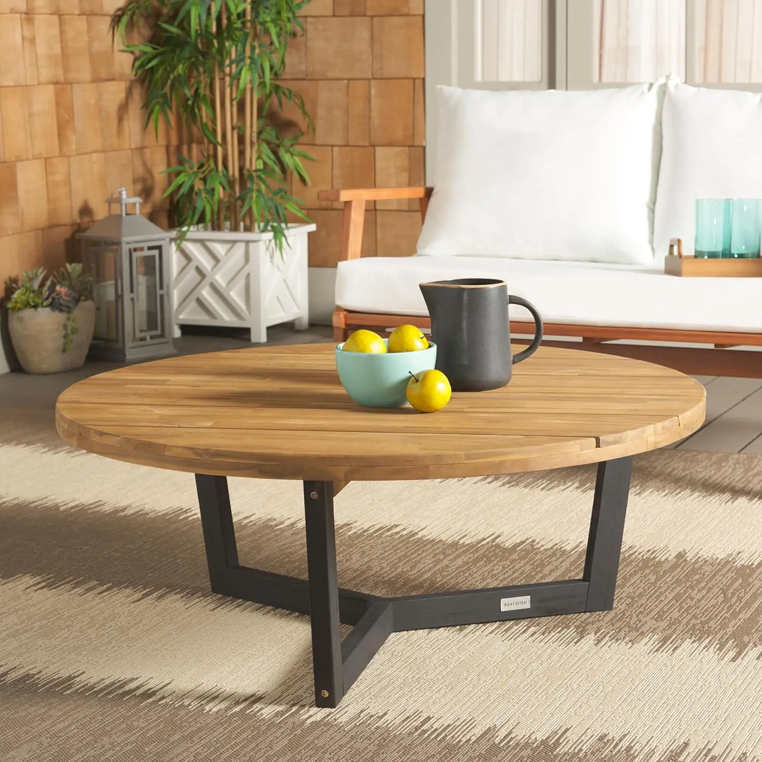 30x30x15 Inch Natural Black Solid Wood Round Outdoor Coffee   Weather Resistant UV Protected   Patio Furniture for Pati