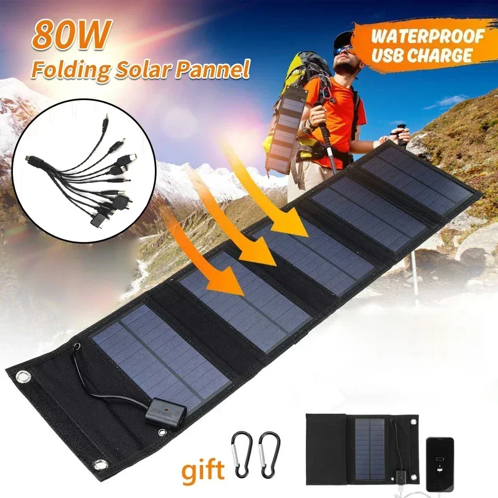 

FCOku 80W Monocrystalline Solar Folding Pack 5V USB Portable Battery Charger For Cell Phone Waterproof Power Bank For Outdoor