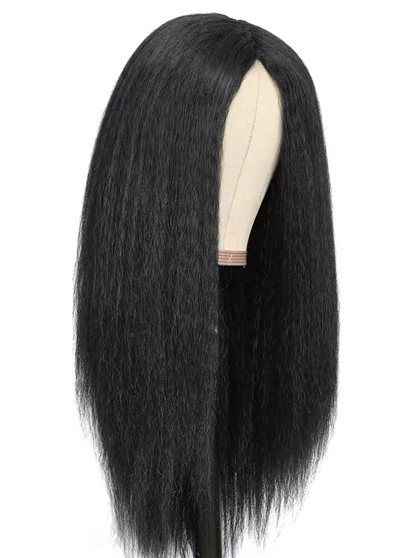 ロングブラック縮毛矯正ストレート合成ウィッグ レディース ミドルパート ヤキストレートヘア デイリーコスプレ耐熱ファイバーウィッグ