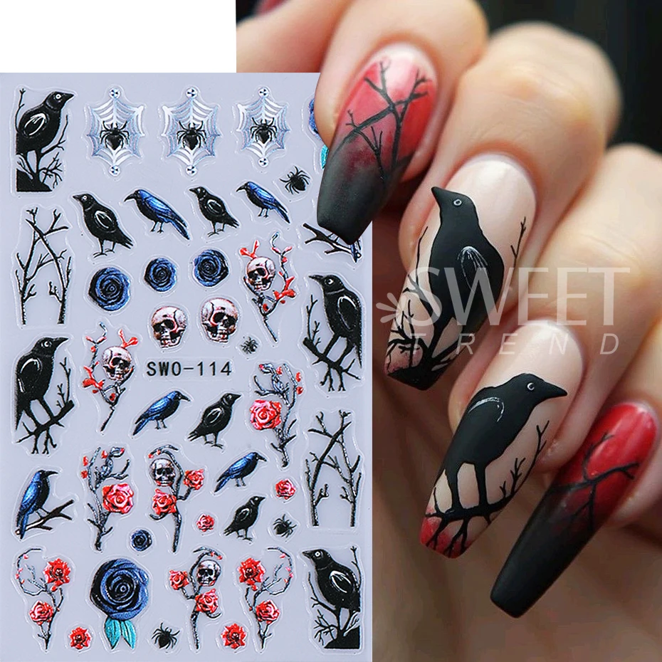 ﻿   สติกเกอร์ติดเล็บฮาโลวีน 2 ชิ้น Y2K งู พระจันทร์ ใยแมงมุม นกกา กะโหลก ดอกกุหลาบ สติกเกอร์ติดเล็บแบบมีเท็กซ์เจอร์ สไลเดอร์ DIY ตกแต่งเล็บ