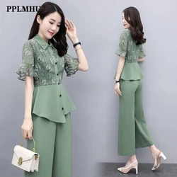 Elegante Set da 2 pezzi abito estivo da donna coreano manica corta con volant camicetta irregolare + moda pantaloni gamba larga abiti Ensemble Femme