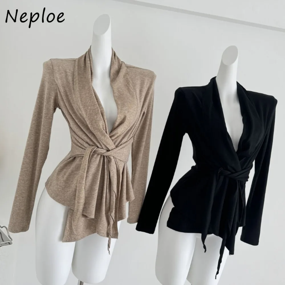 Neploe Casual Loose Simple Solid Commuter Cardigan Lace Up Long Sleeve Lazy Sweaters Exquisite Elegant Knit High Street Jumper