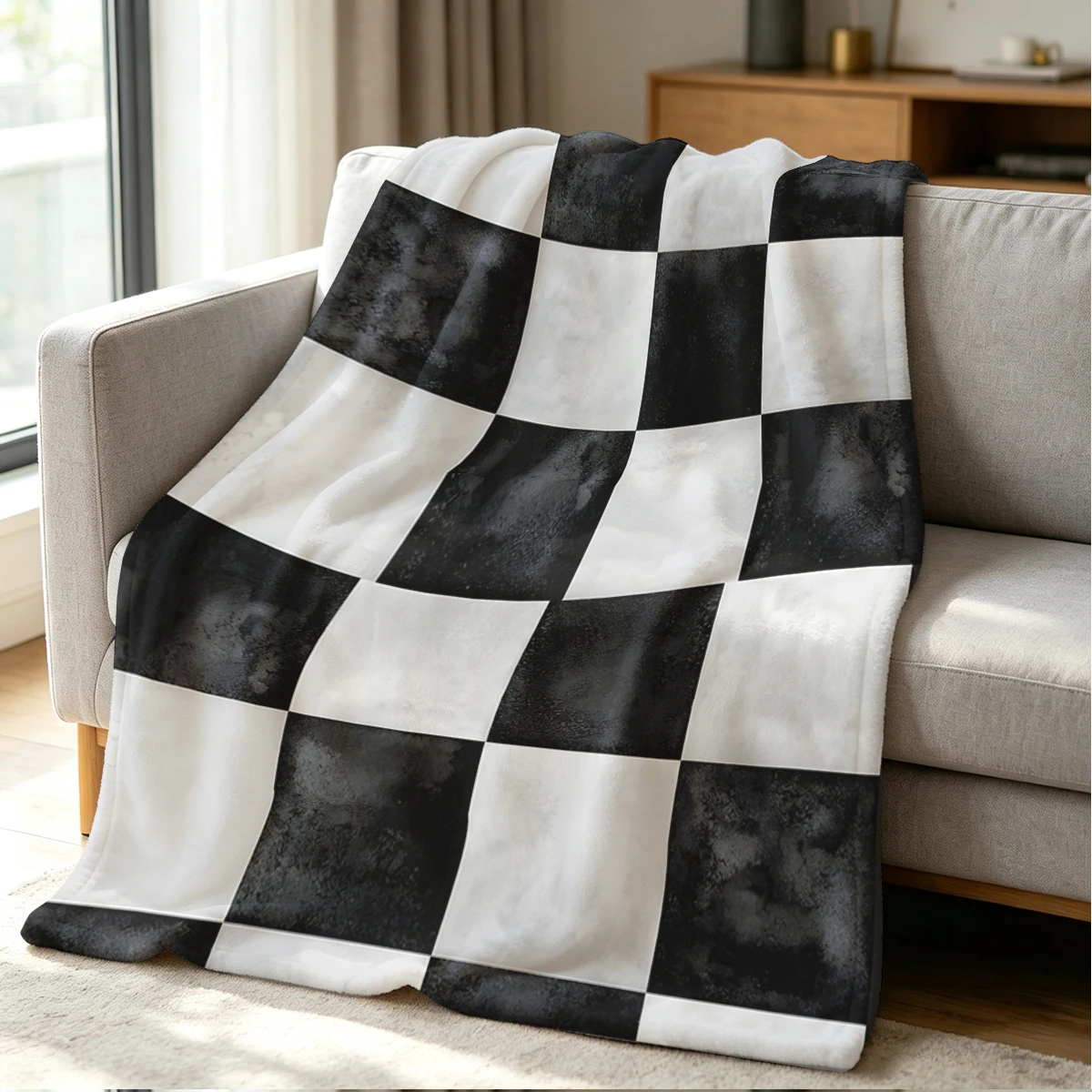 Black White Smoke Checker Flannel Blanket Warm Soft Halloween Christmas Couch Warm Cozy Decorative Decor Gift for All Season