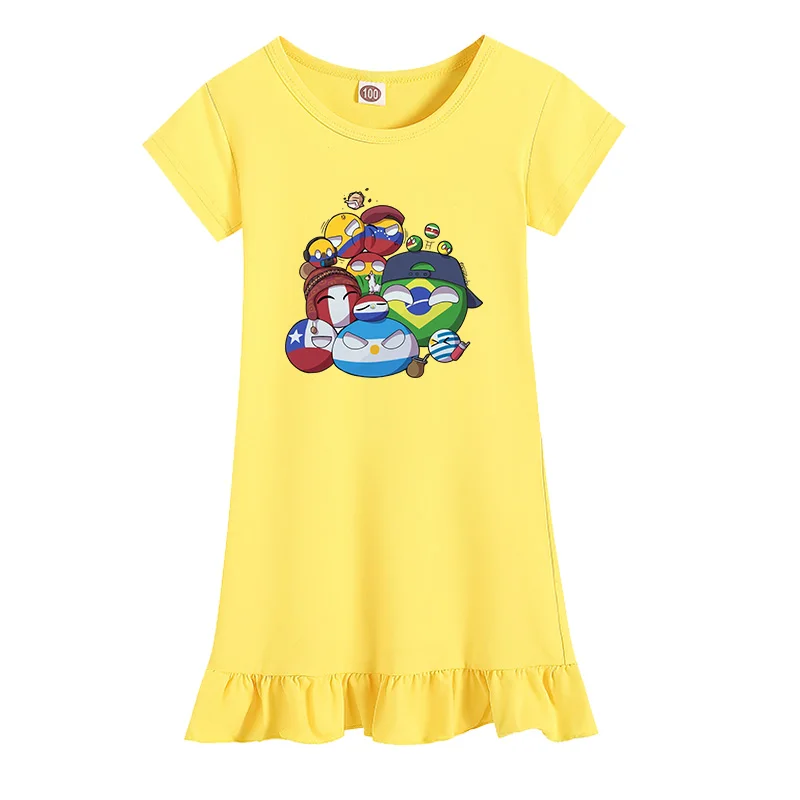 New Summer Polandball Countryball Kids Costume Baby Girls Homewear Cartoon Short Sleeve Nightgowns Children Dresses Sleepwear