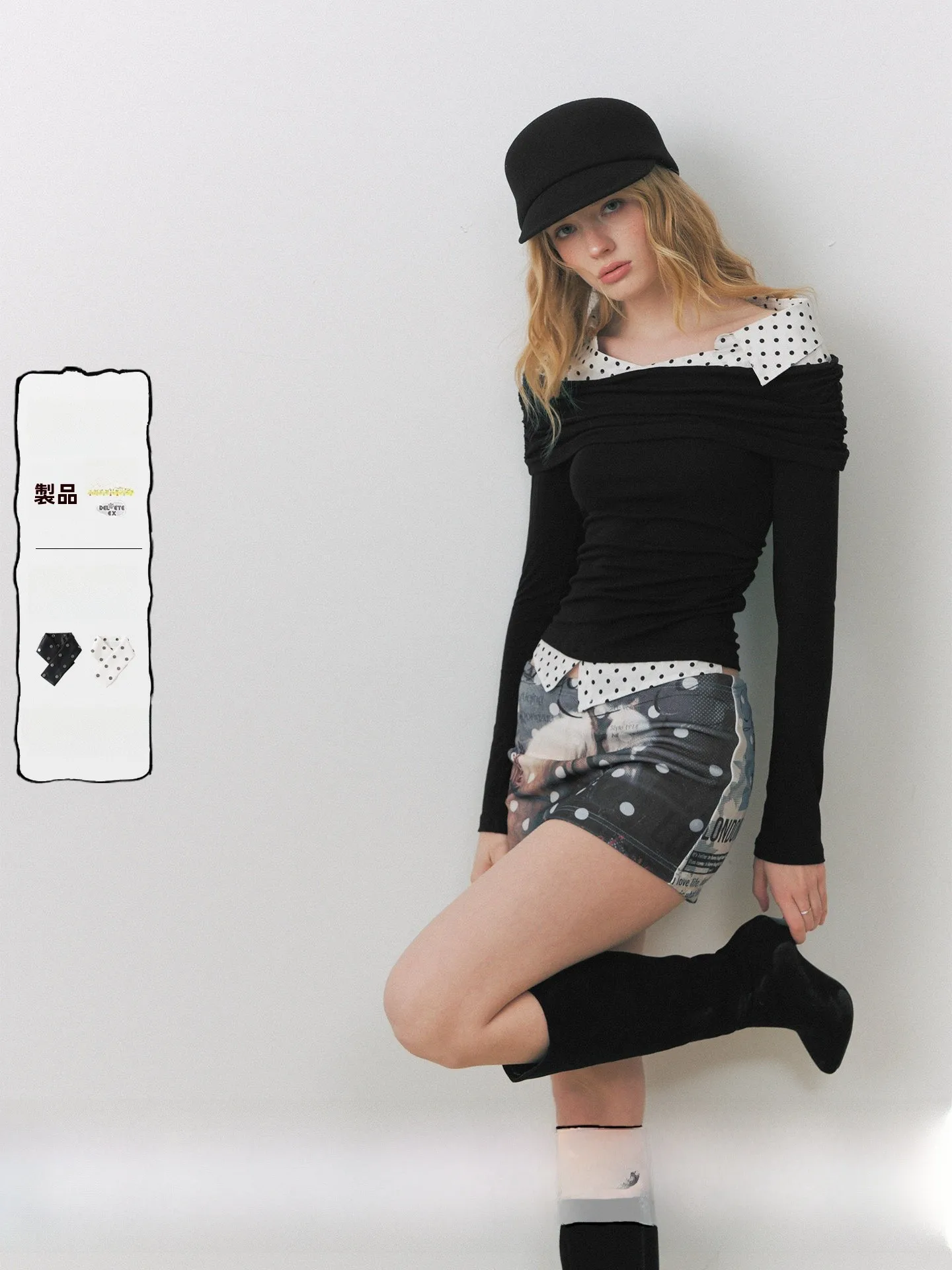 

DeleteEX Original Shadow Series Polka Dot Knitted Shoulder Bared One Shoulder Pleated Apparels Fake Two-Piece Long Sleeve Tops