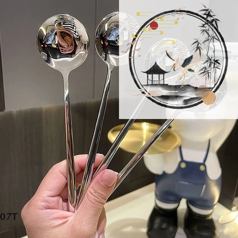 

Stainless Steel Big Head Round Spoon Net Red Golden Dinner Long Handle Stirring Dessert Spoons For Kitchen Accessories Gadgets