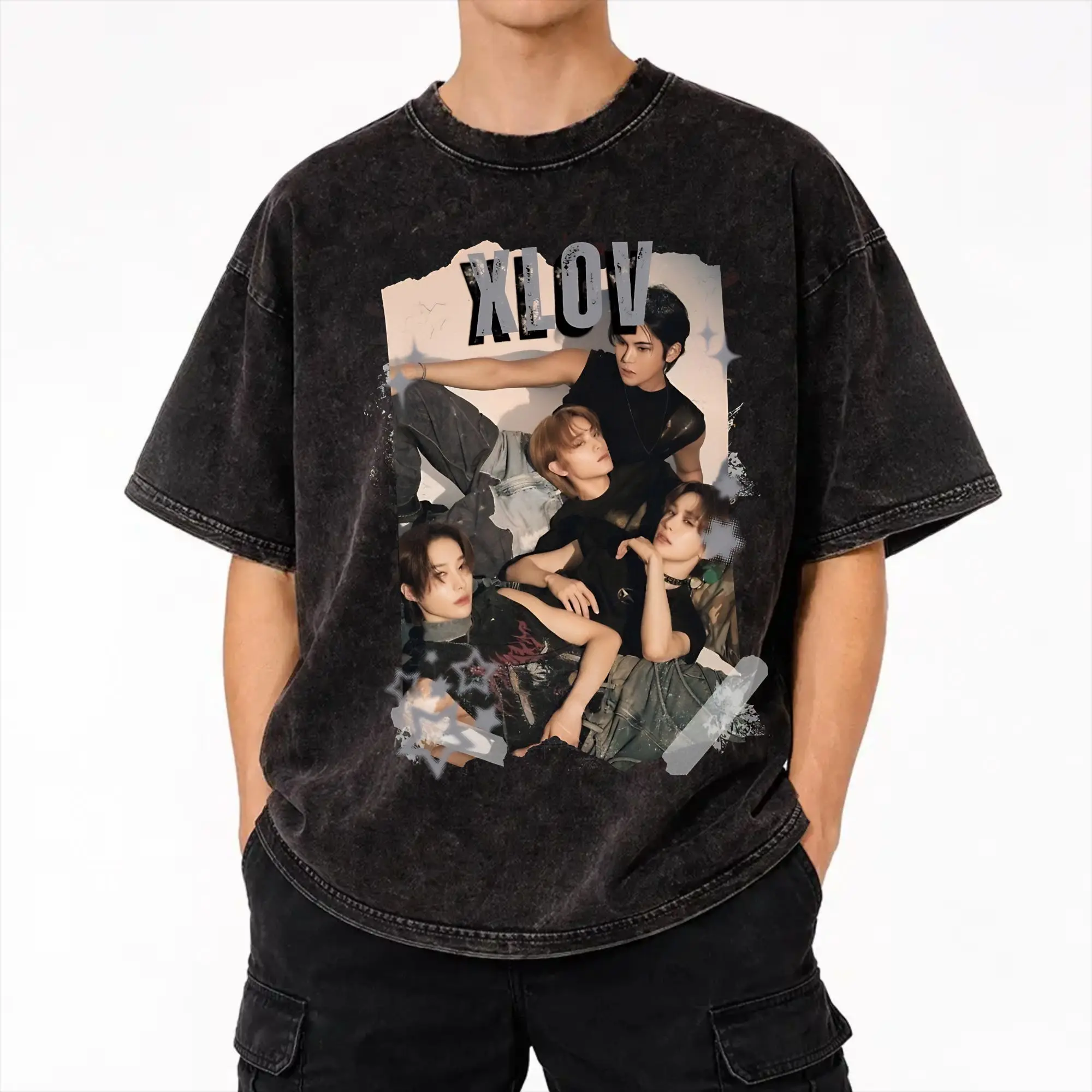 Harajuku Washed Shirt  XLOV UXLXVE Members Accessories Vintage T-Shirts Oversize  Streetwear Short Sleeve Printed Tees