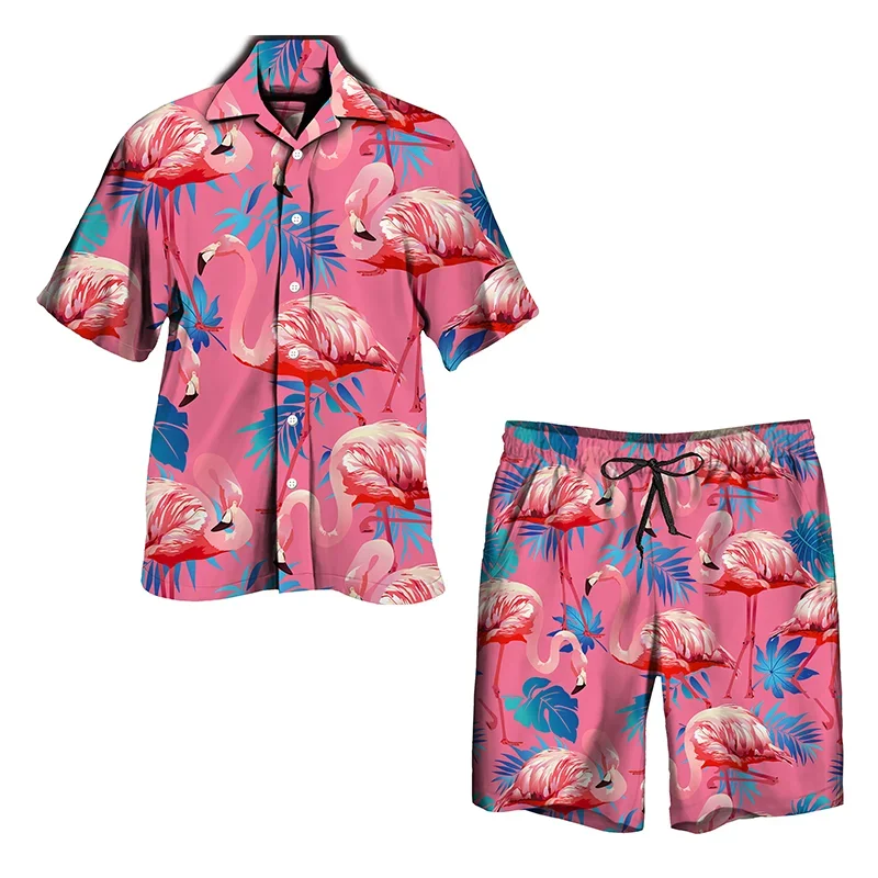 Flamingo Print  Men Suit 3D print Shirt Beach Shorts Oversized luxury 2Pcs set Vacation Hawaiian Streetwear Fashion Man Suits