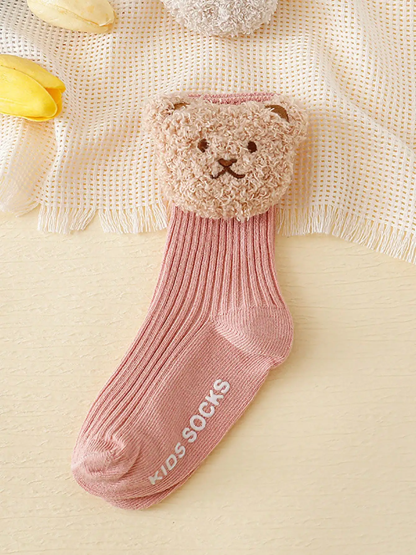 2/4Pairs Baby Anti Slip Floor Knee High Socks Fluffy Bear Decor Ribbed Toddler Socks 0-2Y Soft Stretch Spring Autumn Indoor Wear view 3