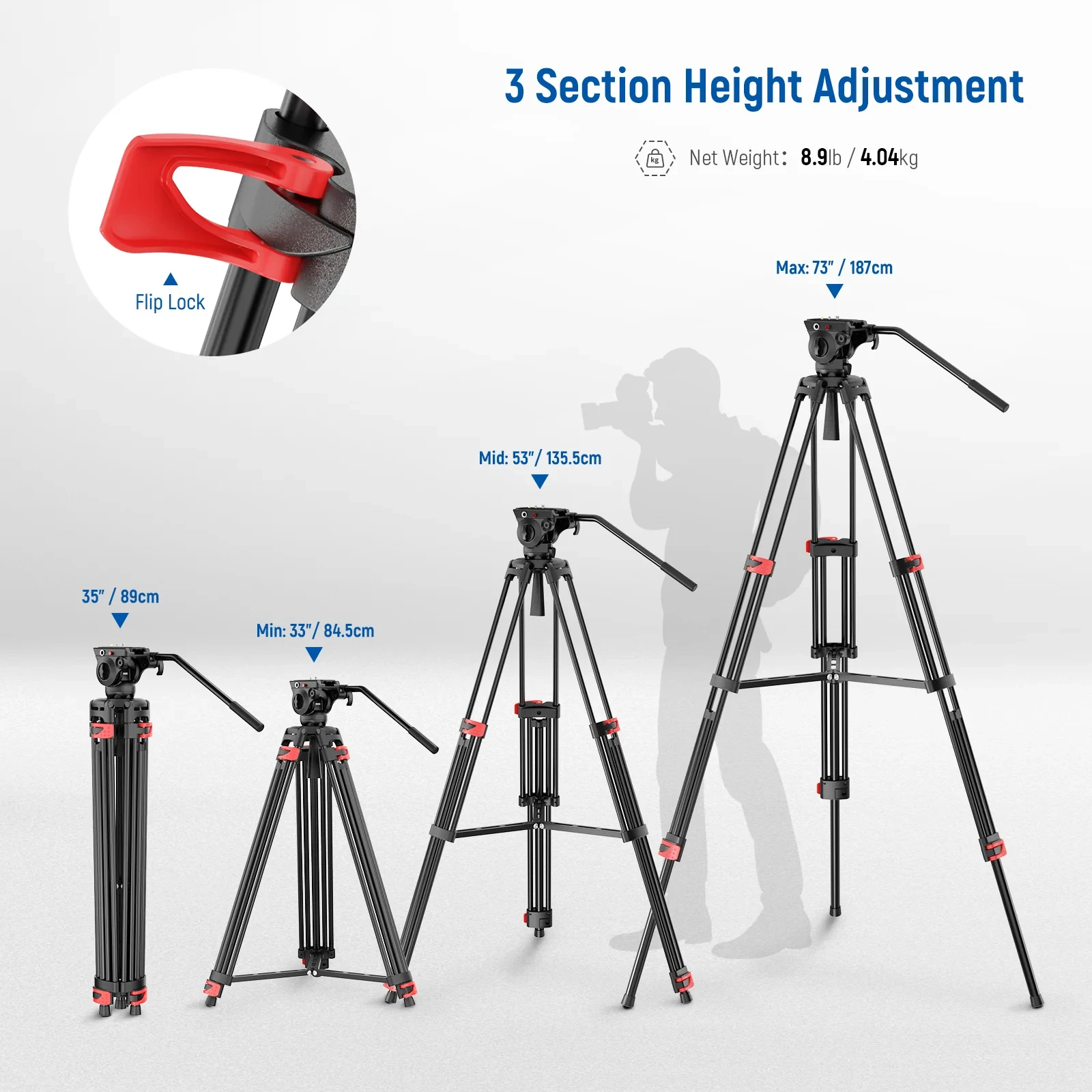 NEEWER BASICS 74" Video Tripod with Fluid Head Metal Camera Tripod with Smooth Friction Damping Compatible with Manfrotto 501