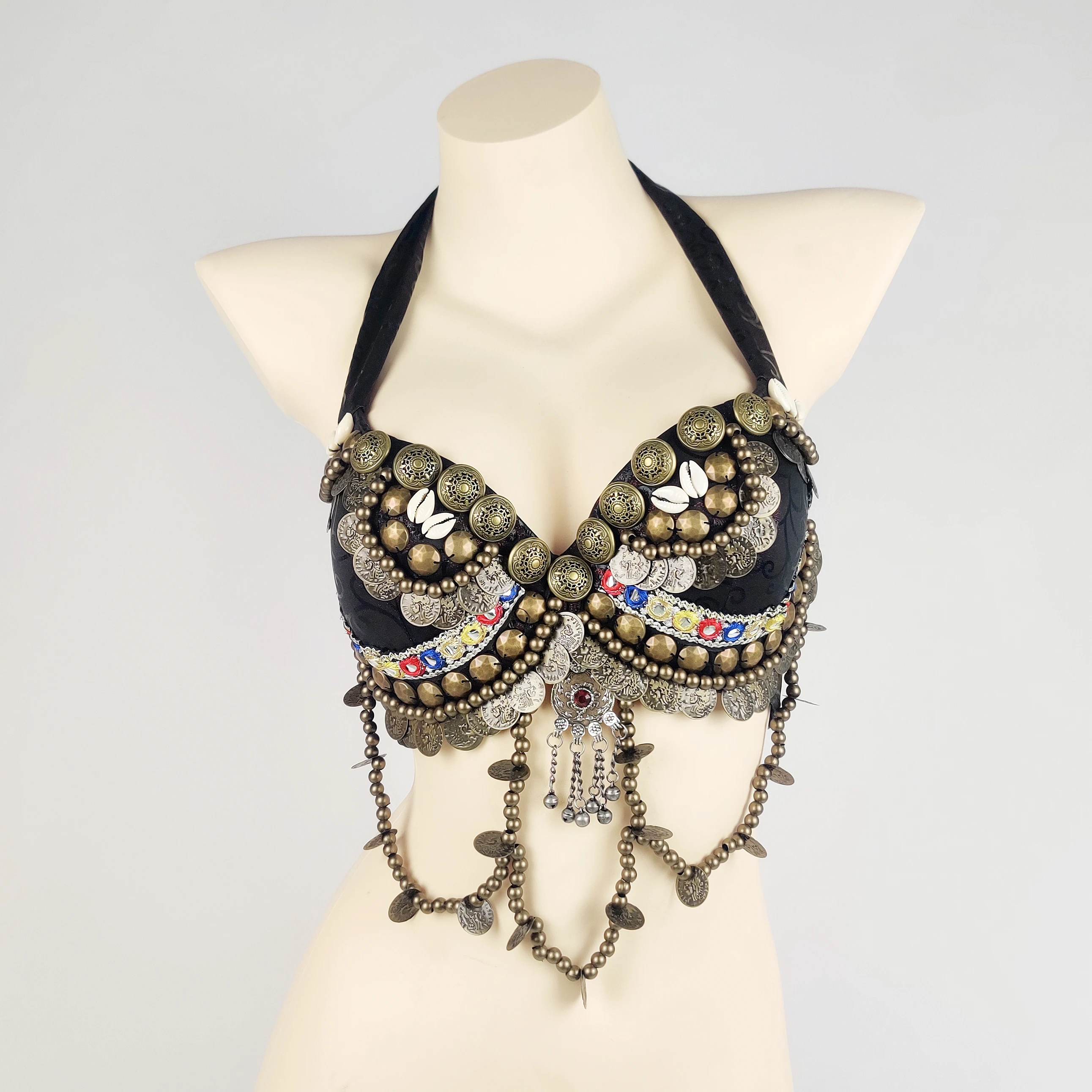 Tribal Belly Dance Push Up ชุดชั้นในลูกปัด B-C-D ถ้วย Vintage Gypsy Bra Bronze เหรียญ Swags ATS Tops