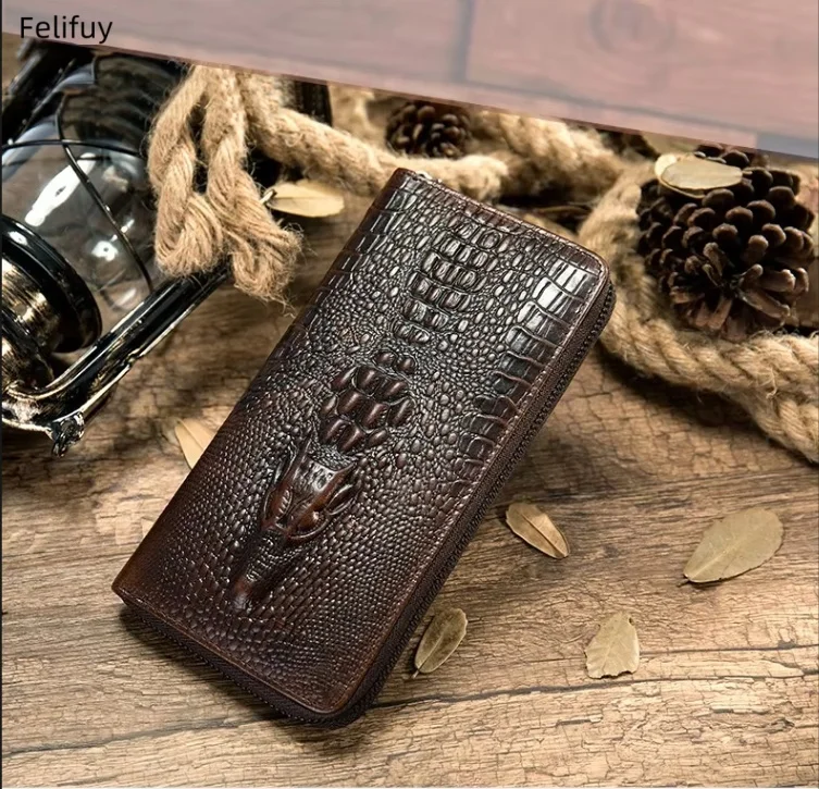 Brown Premium Crocodile Embossed Long Wallet, Top Grain Leather Zip Around Money Clutch, Multi-Card Business Organizer for Men