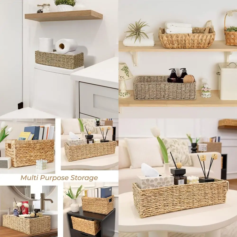 

Set of 2 Seagrass Storage Baskets with Handles for Home Organization, 16 x 6.75 x 4.25